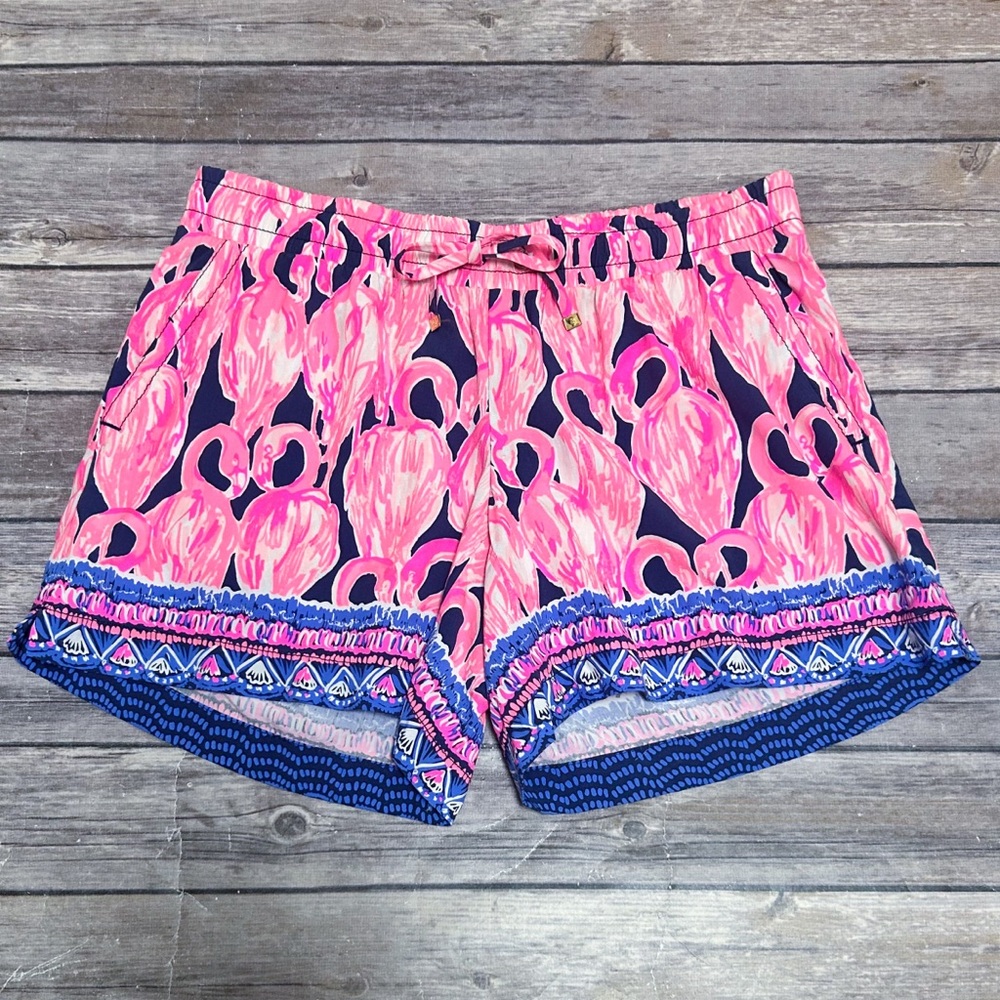 Lilly Pulitzer Pink Navy Blue White Katia High Tide Via Amor Flamingo Shorts XS